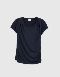 Tee-shirt marine fronces épaule et côté Femme