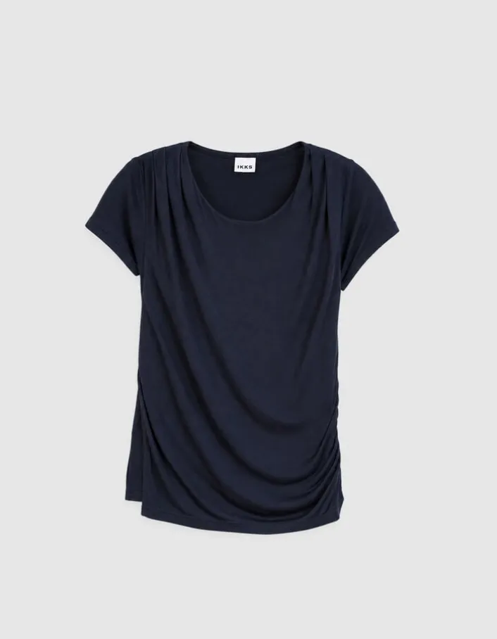 Tee-shirt marine fronces épaule et côté Femme