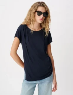 Tee-shirt marine fronces épaule et côté Femme