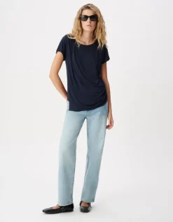 Tee-shirt marine fronces épaule et côté Femme