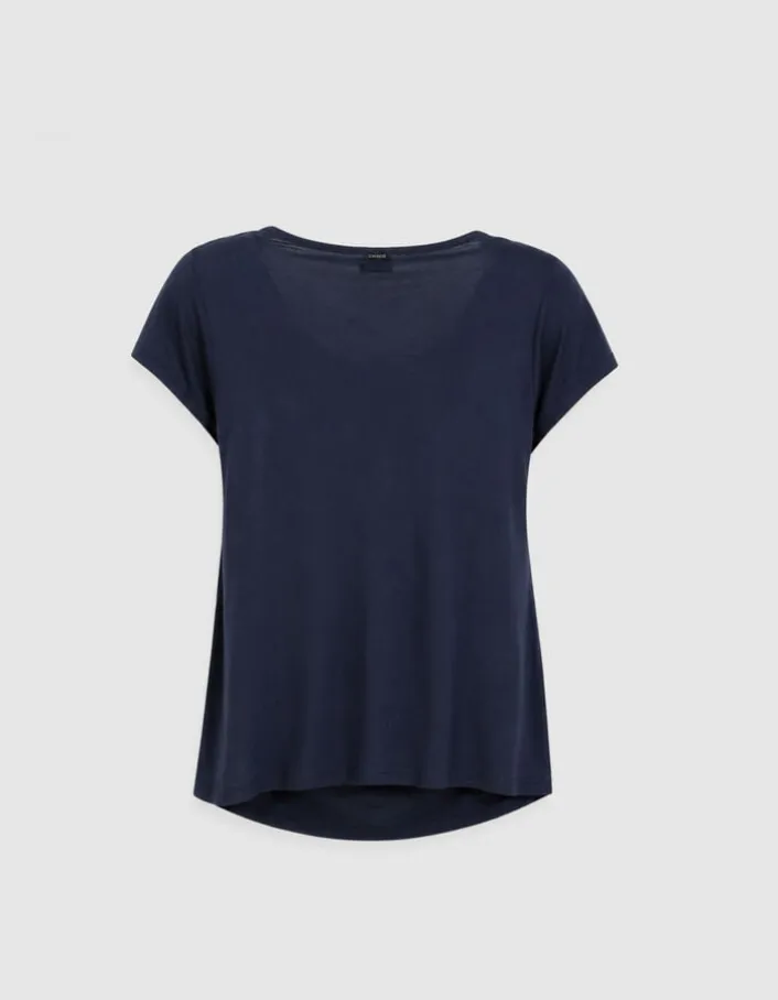 Tee-shirt marine fronces épaule et côté Femme