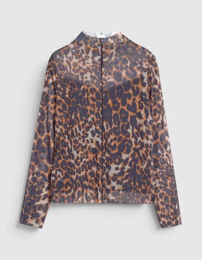 Tee-shirt marron résille motif léopard Femme