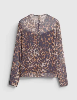 Tee-shirt marron résille motif léopard Femme