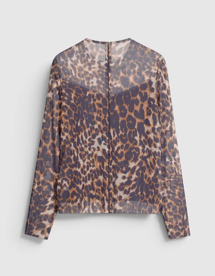 Tee-shirt marron résille motif léopard Femme