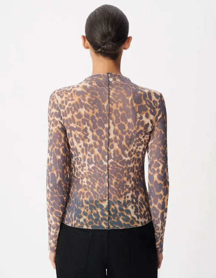 Tee-shirt marron résille motif léopard Femme
