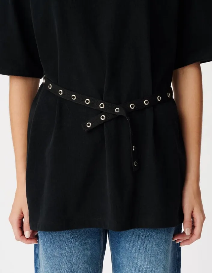 Tee-shirt mi-long noir avec ceinture amovible Femme