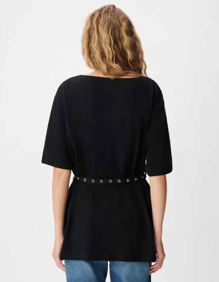 Tee-shirt mi-long noir avec ceinture amovible Femme