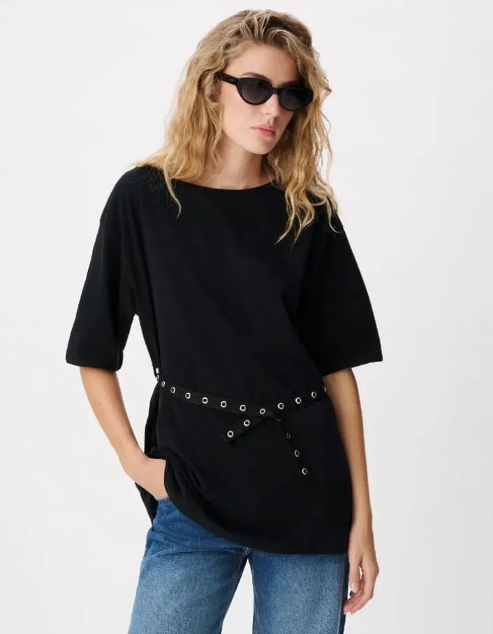 Tee-shirt mi-long noir avec ceinture amovible Femme