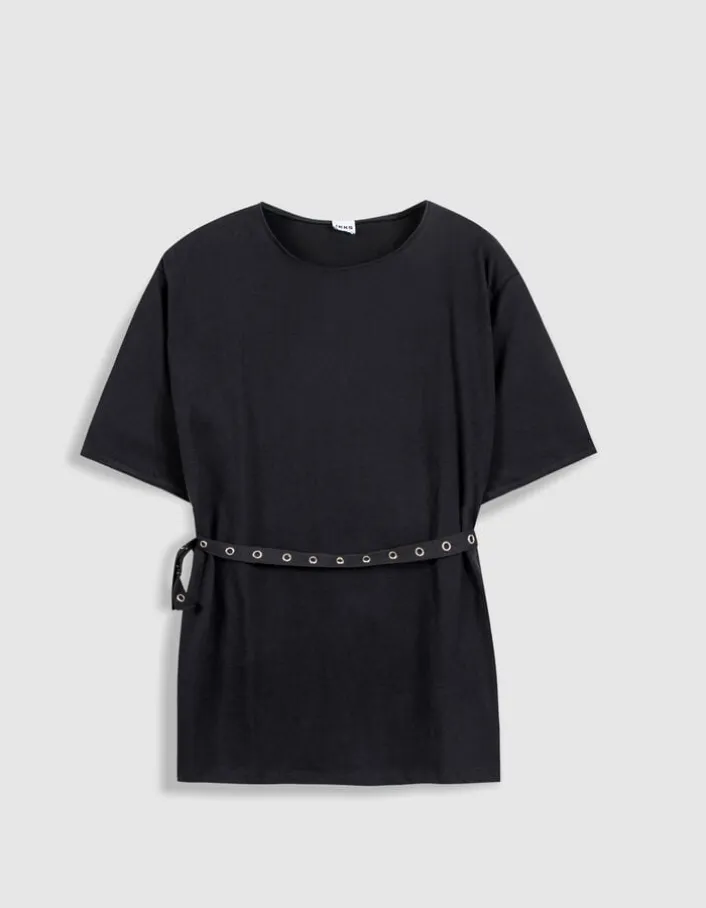 Tee-shirt mi-long noir avec ceinture amovible Femme