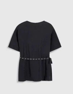 Tee-shirt mi-long noir avec ceinture amovible Femme