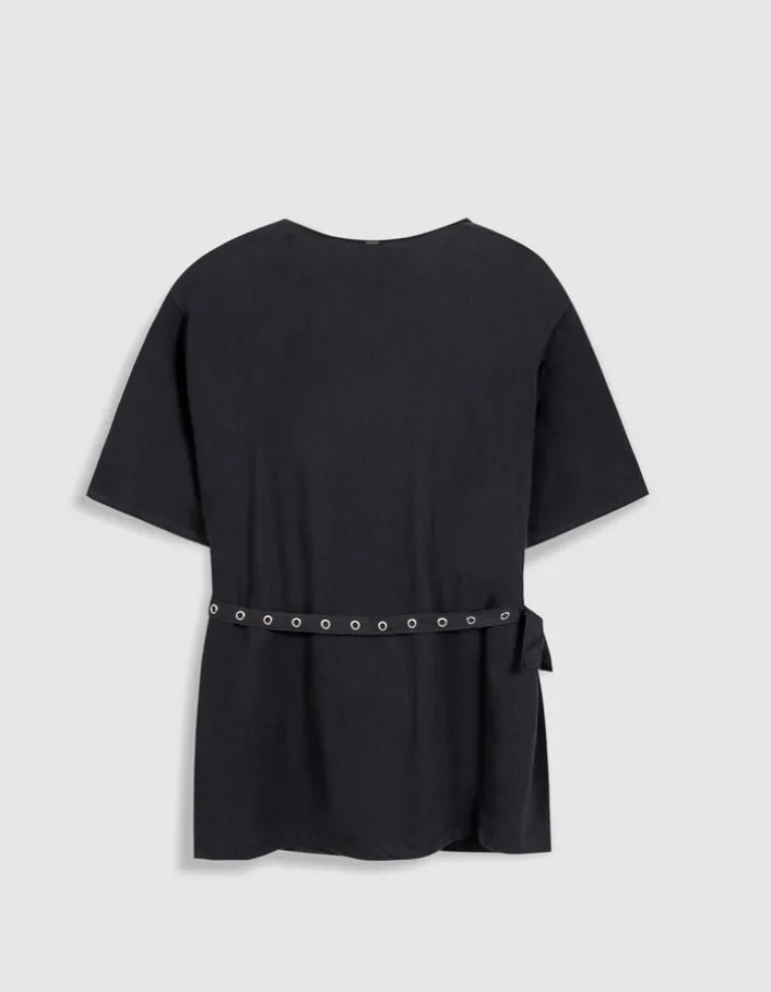 Tee-shirt mi-long noir avec ceinture amovible Femme