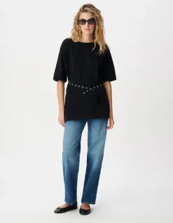 Tee-shirt mi-long noir avec ceinture amovible Femme