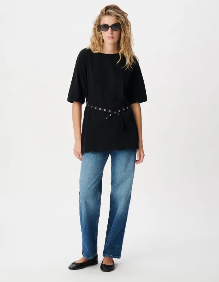 Tee-shirt mi-long noir avec ceinture amovible Femme