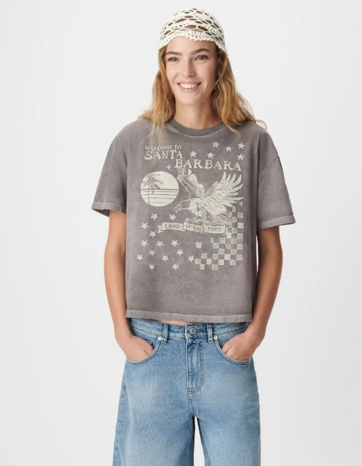 Tee-shirt oversize gris délavé visuel aigle Femme