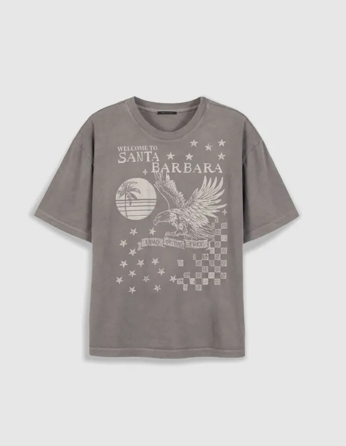 Tee-shirt oversize gris délavé visuel aigle Femme