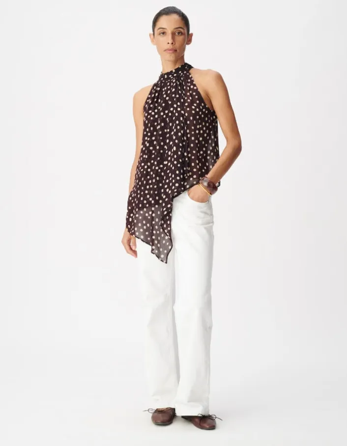 Top fluide asymétrique marron imprimé pois Femme