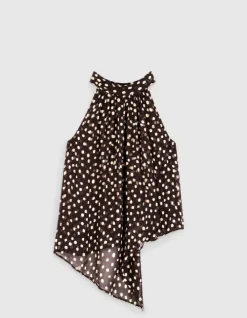 Top fluide asymétrique marron imprimé pois Femme