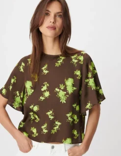 Top fluide marron imprimé tachiste flou Femme