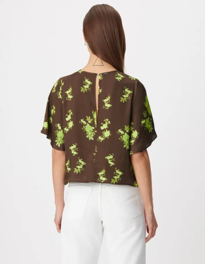 Top fluide marron imprimé tachiste flou Femme