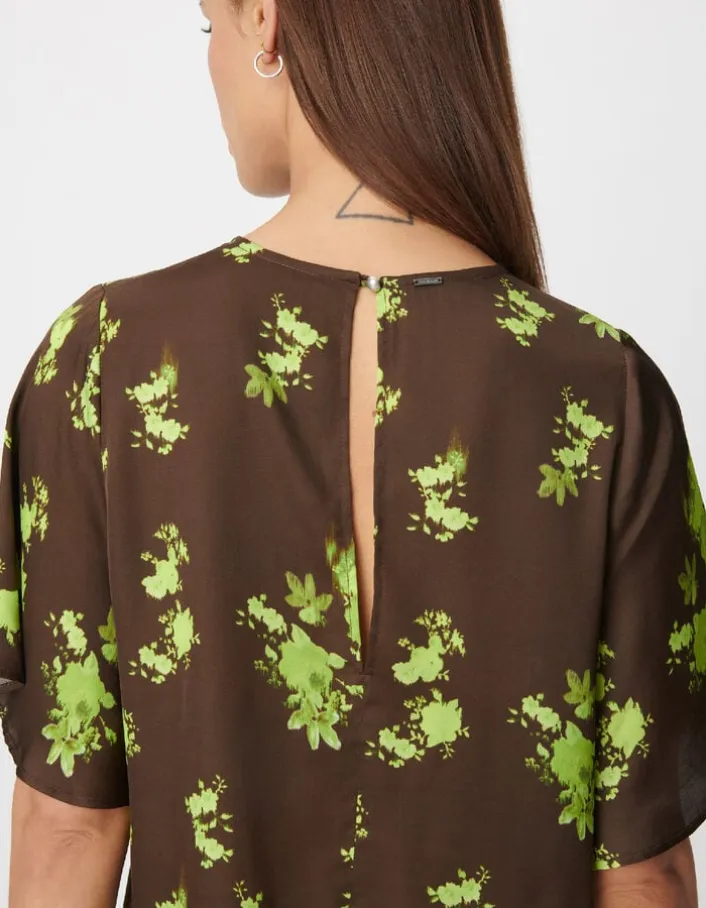 Top fluide marron imprimé tachiste flou Femme