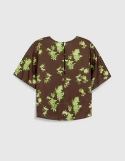 Top fluide marron imprimé tachiste flou Femme