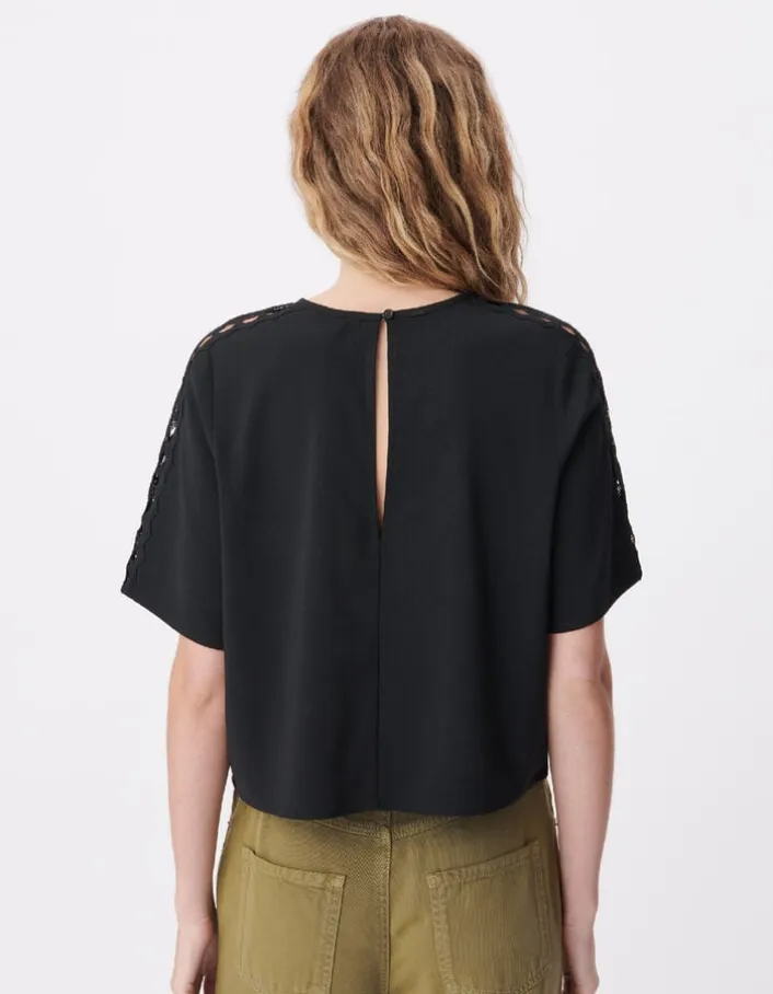 Top fluide noir dentelle manches Femme
