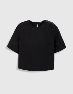 Top fluide noir dentelle manches Femme