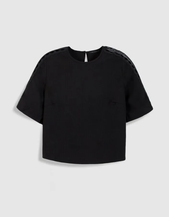 Top fluide noir dentelle manches Femme