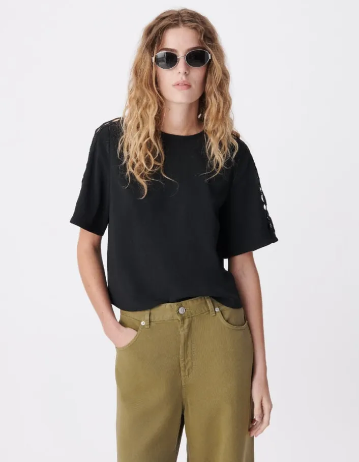 Top fluide noir dentelle manches Femme