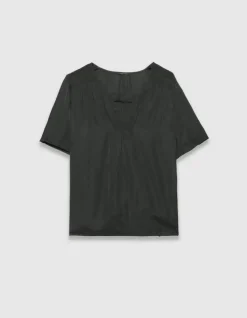 Top manches courtes noir satiné détails smocks Femme