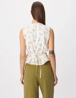 Top sans manches écru imprimé fleurs détail volant Femme