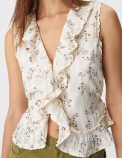 Top sans manches écru imprimé fleurs détail volant Femme