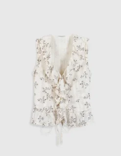 Top sans manches écru imprimé fleurs détail volant Femme