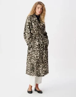 Trench long en jean marron à motif léopard Femme