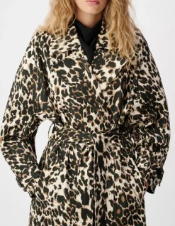 Trench long en jean marron à motif léopard Femme