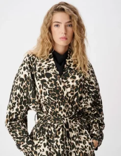Trench long en jean marron à motif léopard Femme