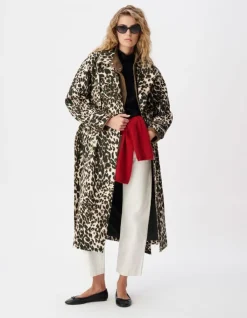 Trench long en jean marron à motif léopard Femme