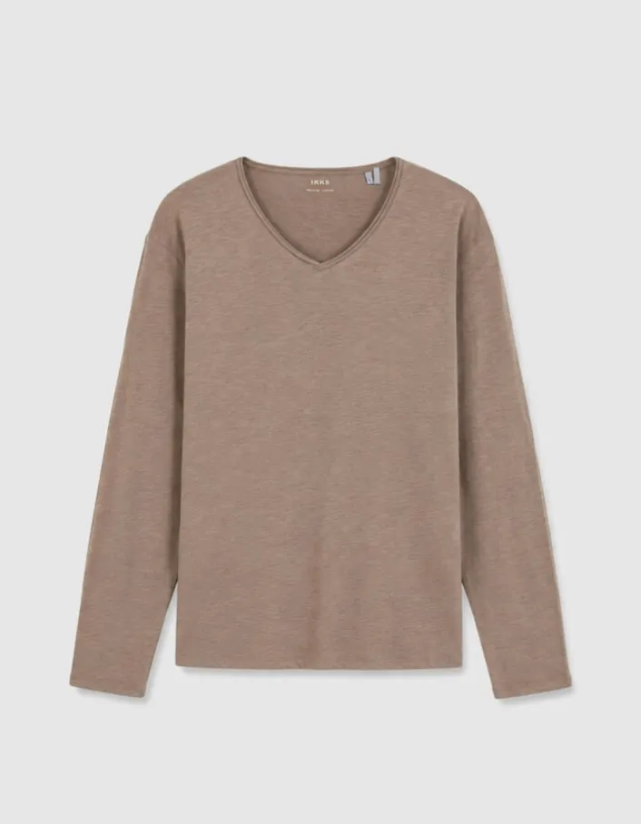 T-shirt col V beige coton flammé Homme