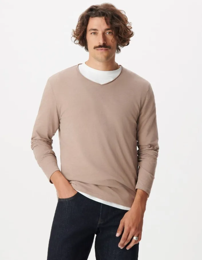 T-shirt col V beige coton flammé Homme
