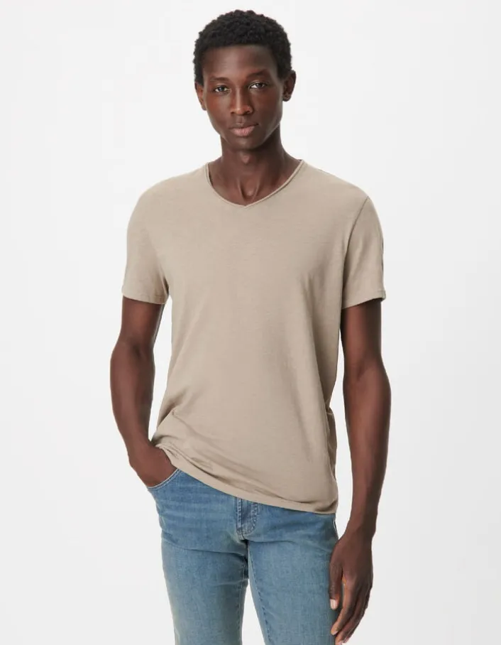 T-shirt encolure V beige coton bio flammé Homme