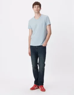T-shirt encolure V bleu acier coton bio flammé Homme