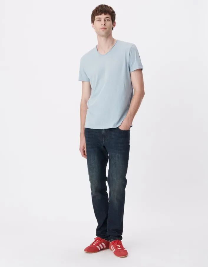 T-shirt encolure V bleu acier coton bio flammé Homme