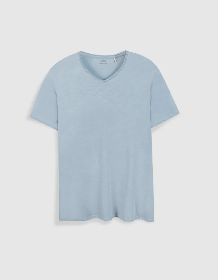 T-shirt encolure V bleu acier coton bio flammé Homme
