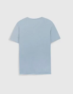 T-shirt encolure V bleu acier coton bio flammé Homme