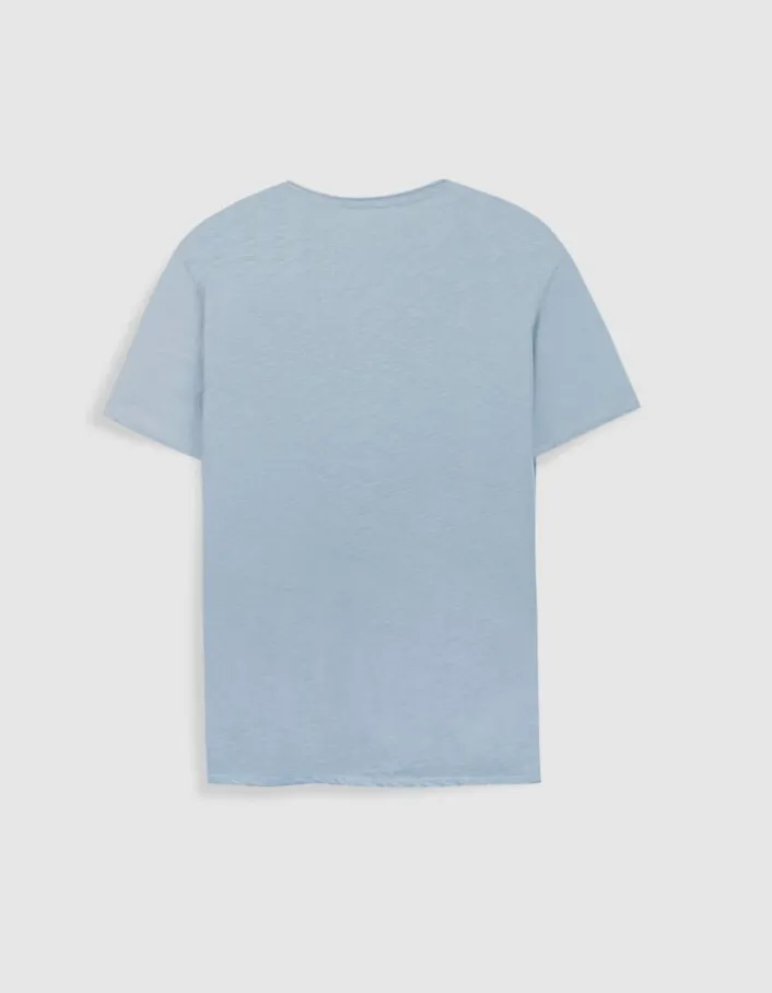 T-shirt encolure V bleu acier coton bio flammé Homme