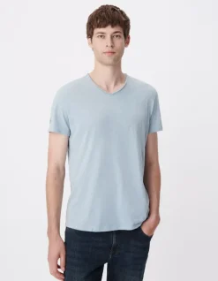 T-shirt encolure V bleu acier coton bio flammé Homme