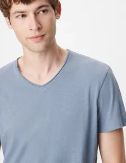 T-shirt encolure V bleu coton bio flammé Homme