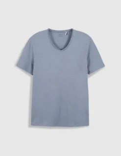 T-shirt encolure V bleu coton bio flammé Homme