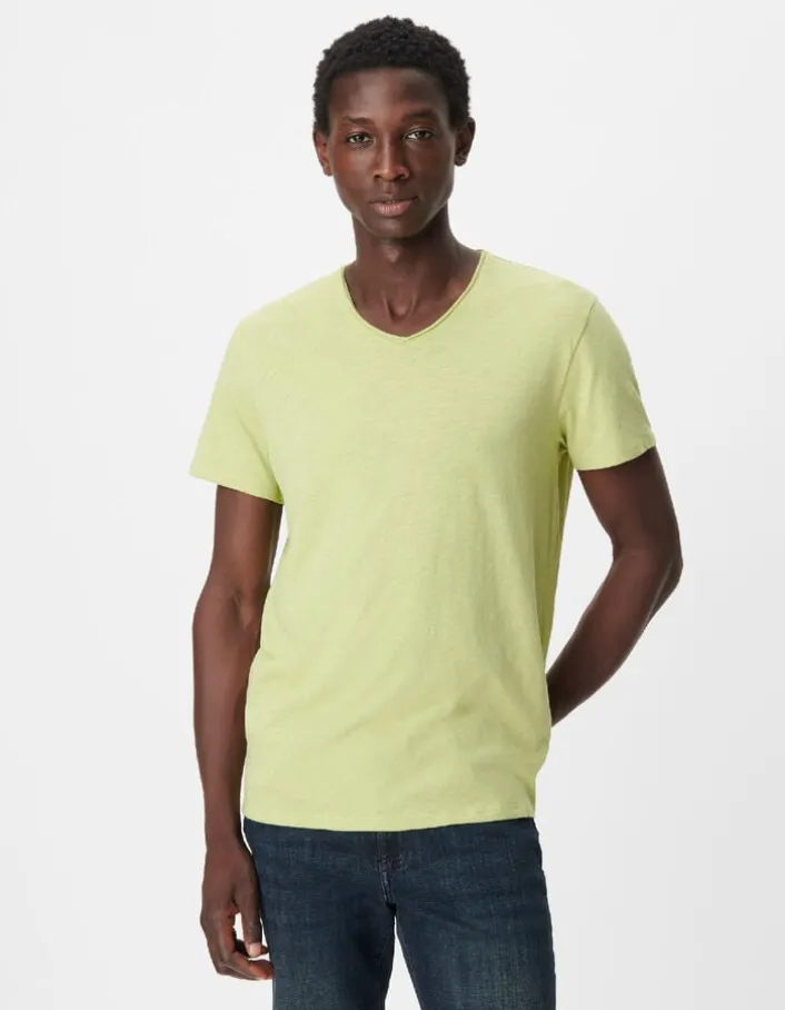 T-shirt encolure V vert coton bio flammé Homme