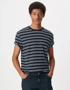 T-shirt marine maille gaufrée motif rayures Homme